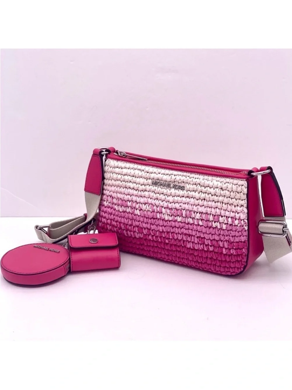Michael Kors Pink and White Ombre Woven Crossbody with Removable Pouches
